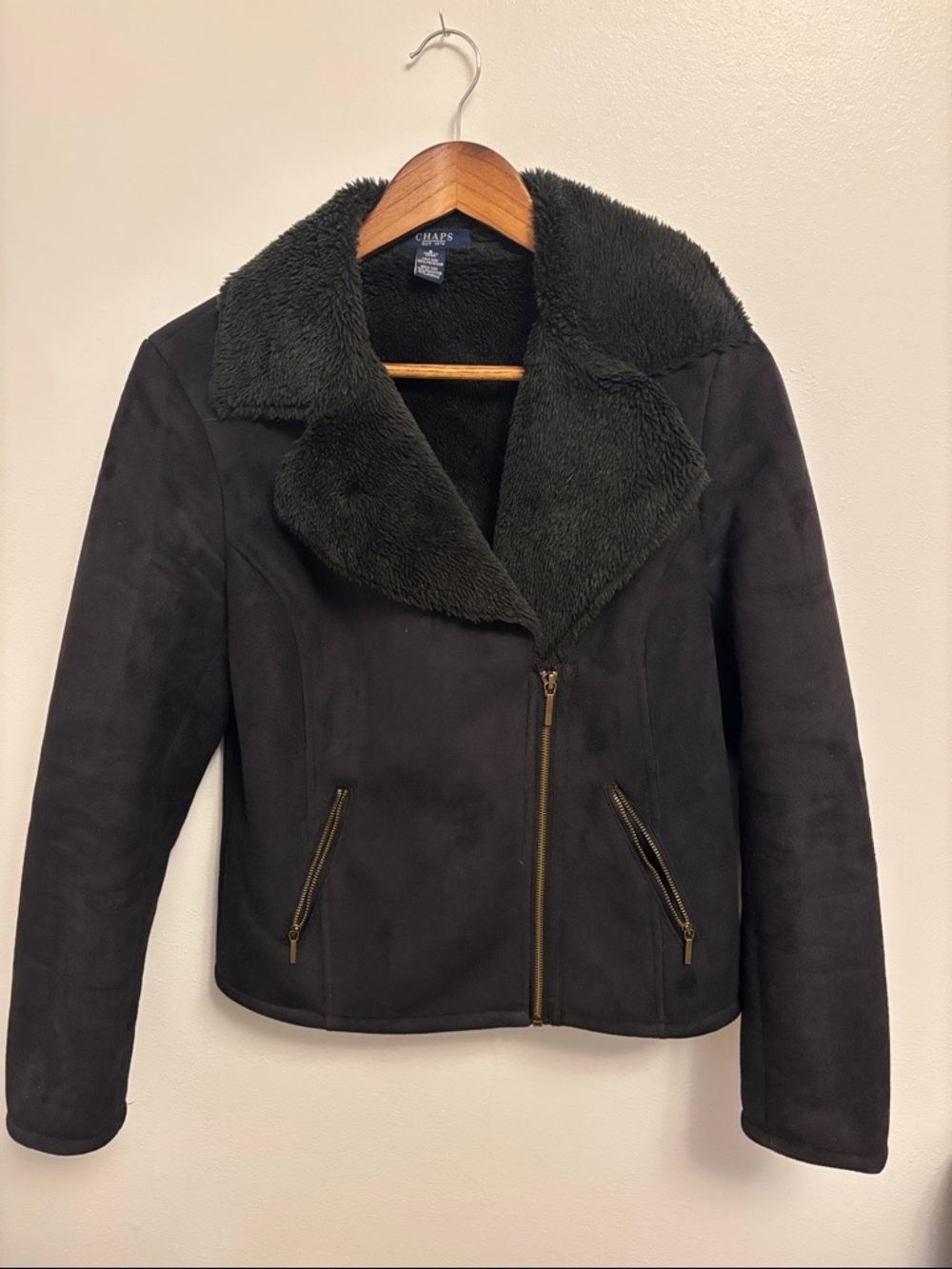 Chaps Black Faux-Shearling Trim Suede-Look Jacket